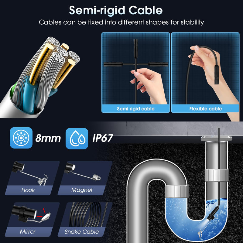 Endoscope Camera with Light – 1920P HD Borescope for iOS & Android (3.3ft) | 1920P HD, 8mm IP67 Waterproof Probe, 8 Adjustable LED Lights, Semi-Rigid 3.3ft Cable, Compatible with iOS & Android