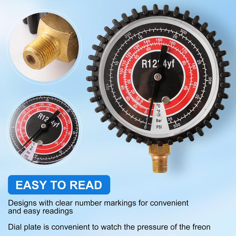 R1234YF Refrigeration Pressure Gauge, High and Low Manifold Gauge Kit with 1/8" Male NPT Lower Mount, 500 PSI, 80mm R1234YF Air Conditioning Refrigerant Recharge Pressure Gauge
