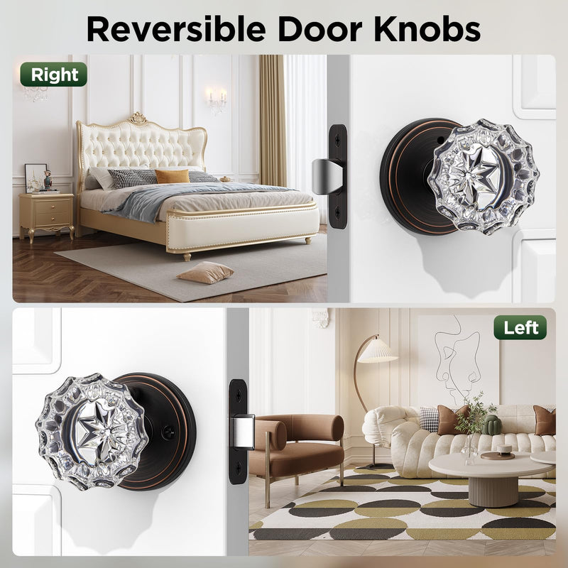 1 Pack Crystal Door Knob, Rosette Shaped Glass Door Knobs Interior with Lock, Oil Rubbed Bronze Door Knobs Interior Glass 1