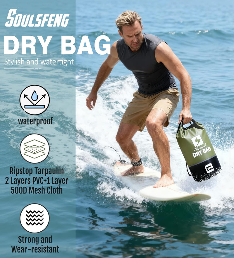 Soulsfeng Waterproof Dry Bag Roll Top Lightweight Dry Backpack for Boating, Kayaking, Travel, Beach, Swimming, Hiking & Camping - Floating Dry Sack with Adjustable Shoulder Straps 20L Green