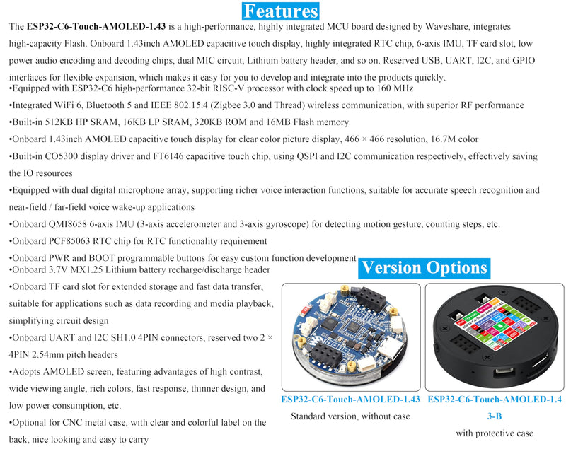 ESP32-C6 1.43inch AMOLED Round Touch Display Development Board, 160MHz RISC-V Processor,WiFi 6/Bluetooth 5/IEEE 802.15.4, 466×466 Pixels, Dual Digital Microphone Array, Support AI Speech Interaction