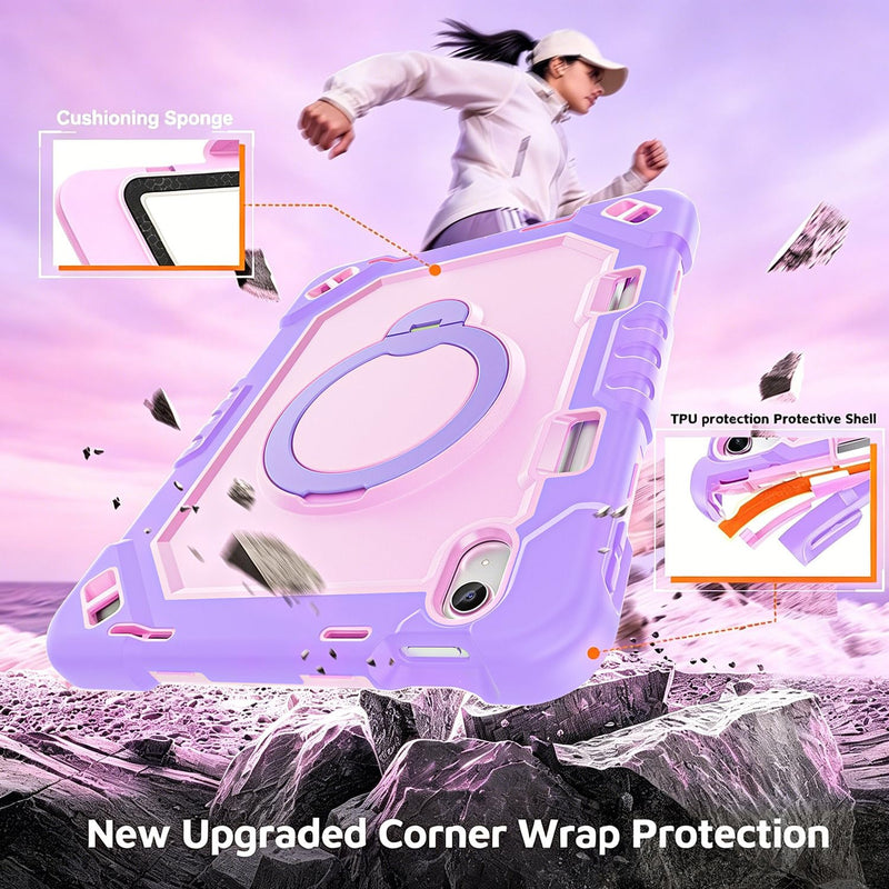 Case for iPad A16 11th Gen 11" 2025 & iPad 10th Gen 10.9" 2022 | 4-Layer Military Grade Shockproof Cover,Built-in Pencil Holder,360° Rotating Alloy Stand,Detachable Shoulder Strap Lilac Blush