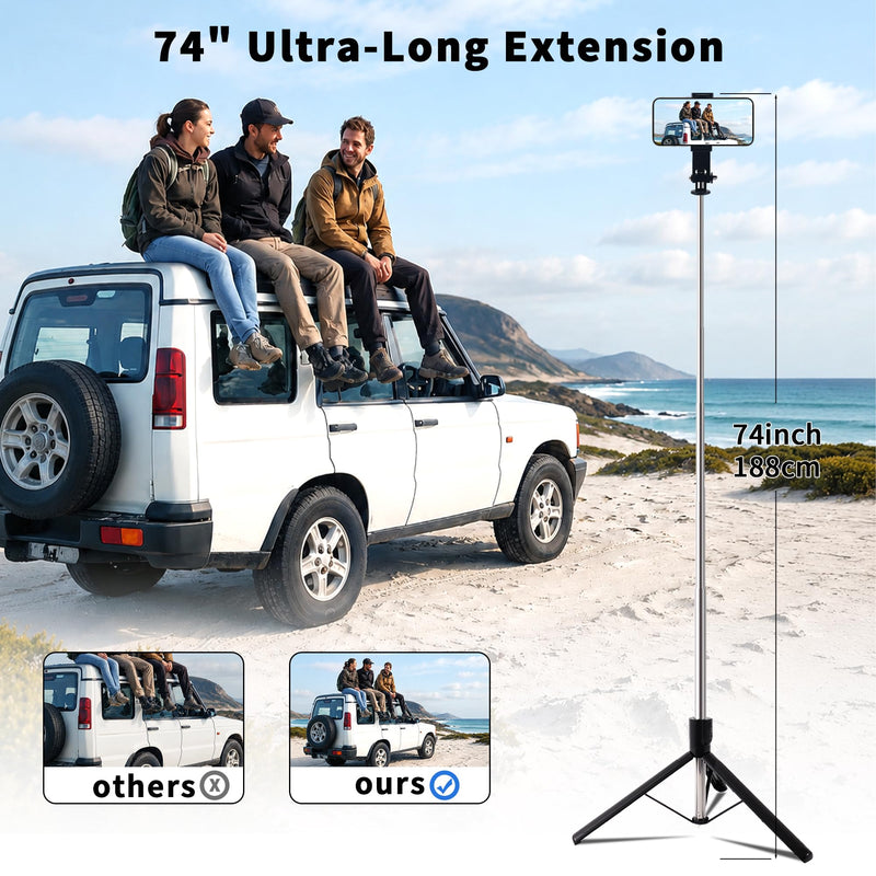 74" Selfie Stick Phone Tripod for iPhone Android Pockte3/4 Insta360 Camera | Extendable Cell Phone Tripod w Wireless Remote, 360° Rotatable Portable Travel Tripod Stand for Video Recording & Vlogging 74"