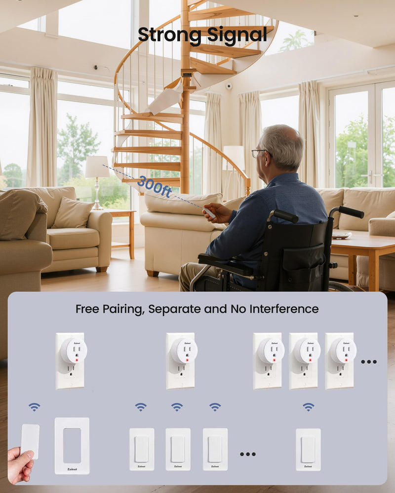 Zoiinet Remote Control Outlet Plug Switch, Buckle Design & Removable Wireless Light Switch, No Wiring Needed, 300 ft, 15A/1500W, Programmable, for Household Appliances(2 Pack) 1 Switch 2 Outlets