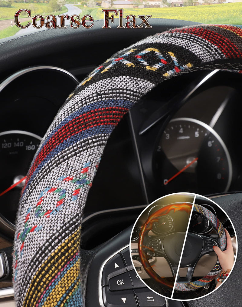 SEG Direct Boho Steering Wheel Cover with Baja Blanket Cloth, Ethnic Style Auto Wheel Cover Made of Coarse Flax, Fits 14 1/2-15 1/4 inches Car Wheel Spinning Rainbow