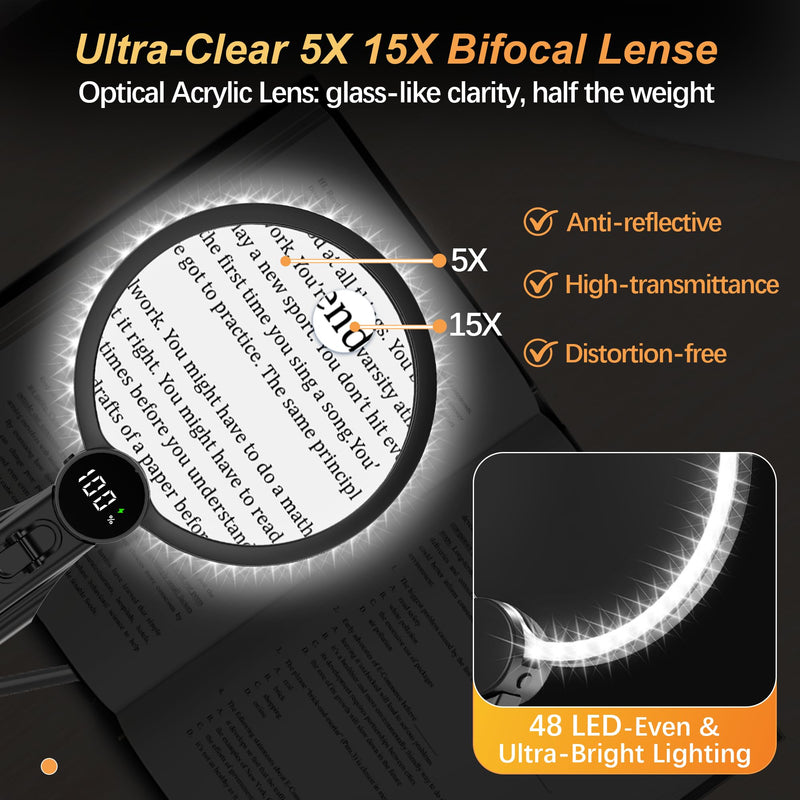 Hands Free Magnifying Glass with Light, 2500mAh Flat Strap Neck Magnifier with LED Display & 3 Color Light, 5X 15X Lighted Magnifying Glasses for Crafts Cross Stitch Sewing Reading, Low Vision Seniors