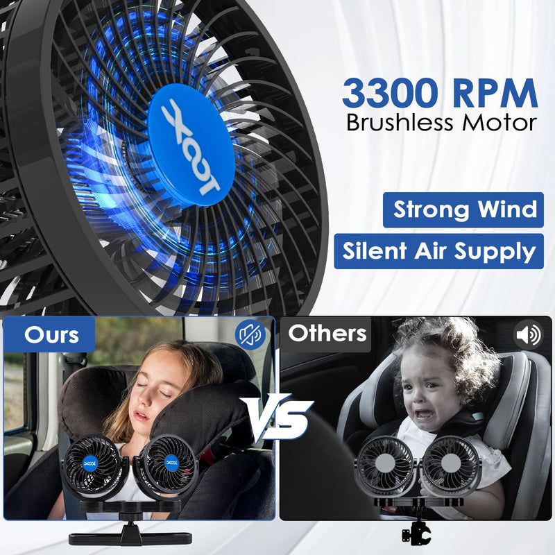 XOOL USB Dual Head Backseat Car Fan – 360° Rotatable Rear Seat Air Circulator with Stepless Speed & Adjustable Clip for Kids in SUV, Truck, RV USB Dual Fan - Rear (Stepless)