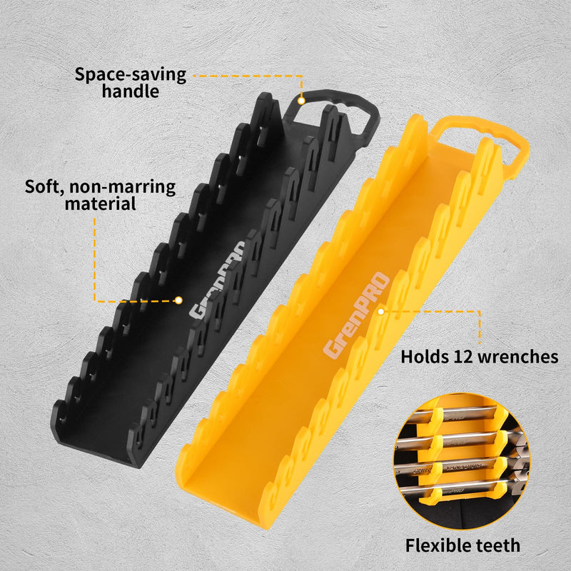 Wrench Organizer for Tool Box, 2 Pack Magnetic Wrench Holders with Handle, Includes FREE 10mm Double-Ended Wrench, Storage for Tool Box Drawer, SAE & Metric Wrench Rack Wrench+Handle 2-Pack