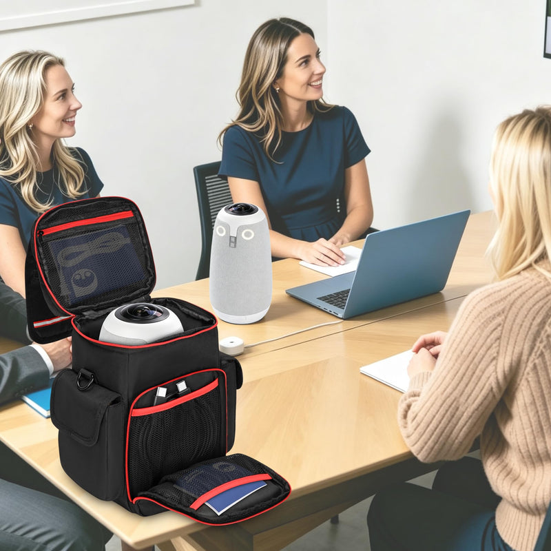 Carrying Case Compatible with Owl Labs Meeting Owl 3/4/Pro | Meeting Camera Travel Bag with shoulder strap, 8mm Padding, Side Pockets, Mesh Pockets, Top Handle, Red Reflective Strip