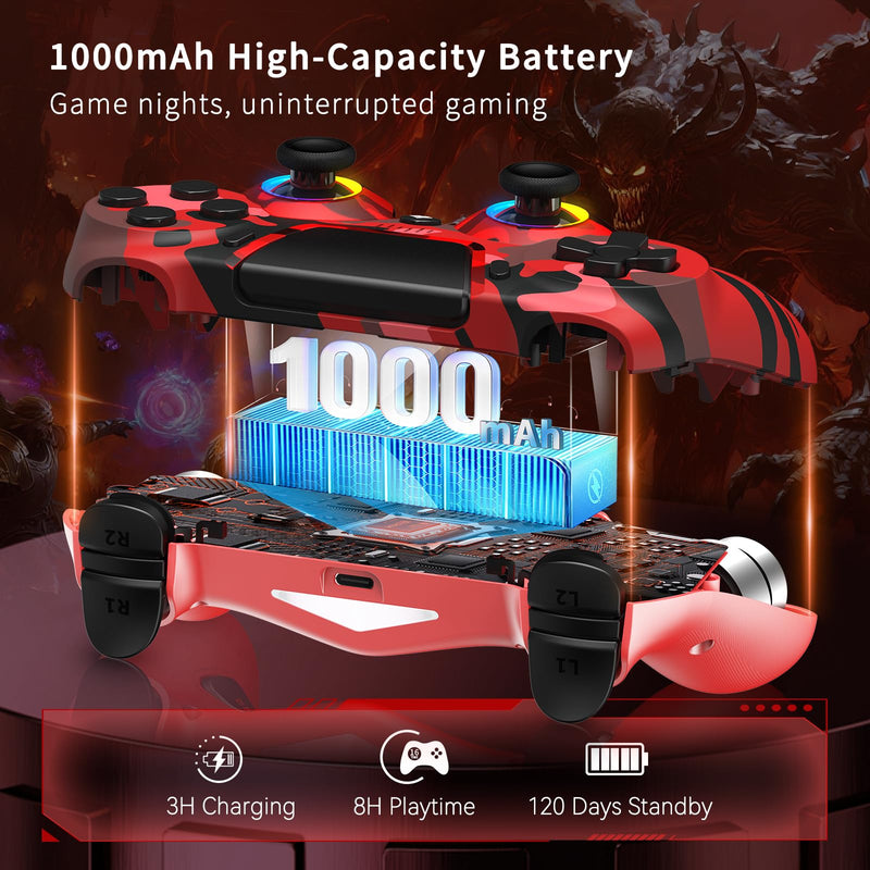 2 Pack Wireless Controller for PS4, Game Remote Controller Compatible with PS4/Slim/Pro/PC, Programmable, RGB Light, 1000mAh Battery, Dual Vibration, 6-Axis Gyro, Share, Touch Pad,Speaker&Audio Jack Camo Red&Blue