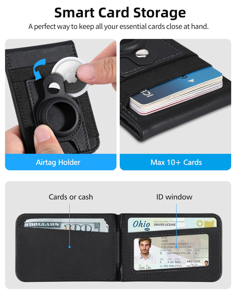 For Magsafe Wallet Stand with Airtag Holder, Strongest Magnetic Wallet for iPhone 15/14/13/12 Series, ID Window, 4 Card Slots, 10 Cards Holder, Vegan Leather, RFID Blocking, Black