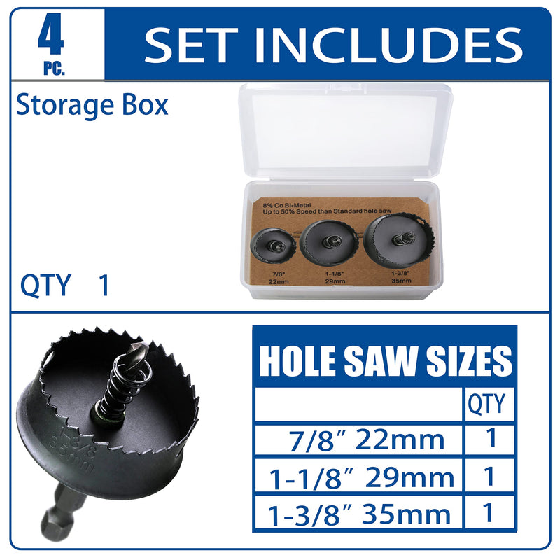 Thin-Wall HSS Bi Metal Hole Saw Kit 7/8,1-1/8,1-3/8 Inch for Impact Driver HSS-3PCS