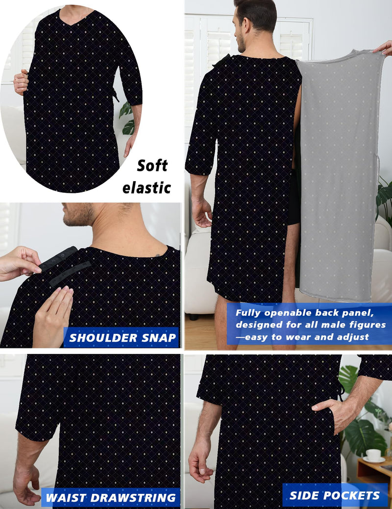 Soft Elastic Men's Hospital Gown with Shoulder Snaps, Waist Drawstring, Side Pockets, Patient Gown for Men Diamond Print Medium