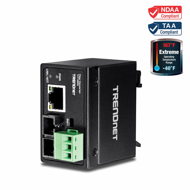 TRENDnet Hardened Industrial 100Base-FX Single-Mode SC Fiber Converter, (30 km, 18.6 Miles), IP40 Rated Housing, TI-F10S30,Lifetime Protection,Black 30 KM