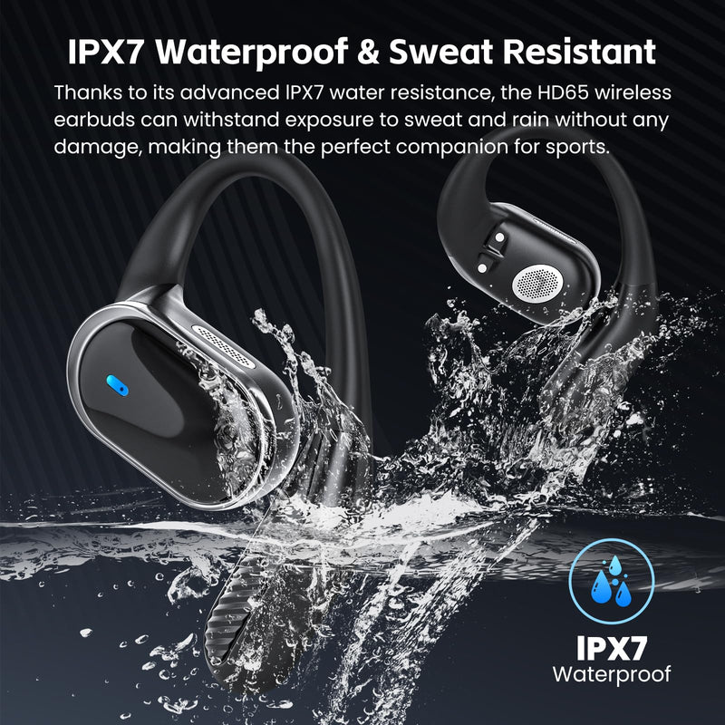 Open Ear Wireless Earbuds Bluetooth Headphones, 80H Playtime Stereo Ear Buds with ENC Noise Cancelling, Fast Charging, IPX7 Waterproof Sports Earphones with Earhook for Running/Workouts (Black) Black