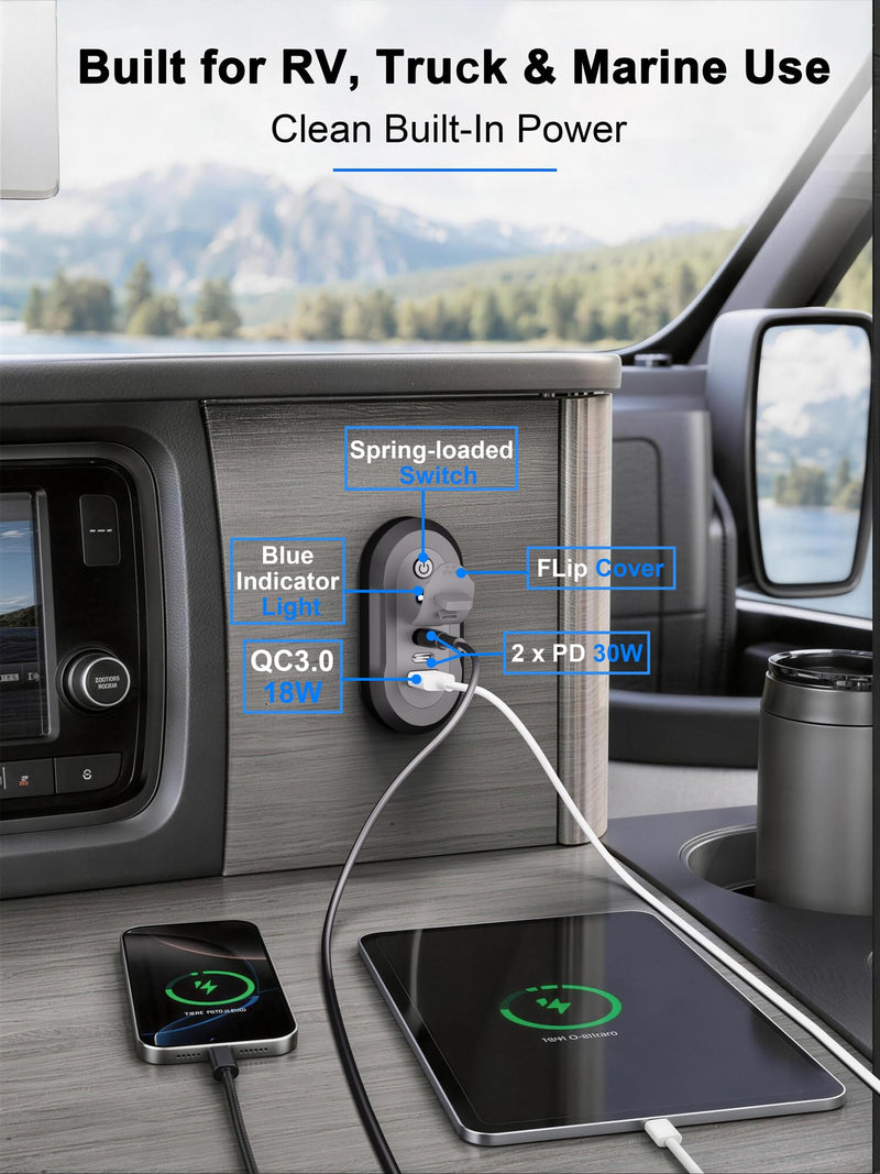 12V USB Outlet RV 3 Ports Car Power Charger 78W Fast Charging Panel Socket | Dual PD 3.0 QC 18W Car Lighter Adapter with Switch & Blue Indicator Light USB C 30W Wall Mount for Marine Bus Boat ATV Truck