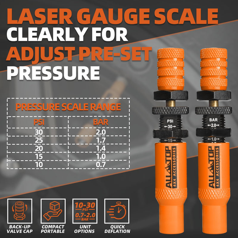  [AUSTRALIA] - ALL-TOP Adjustable Auto-Stop Tire Deflator Valve Kit (10-30PSI) 4 PCS Tyre Air Down Tool with Screw-On Back-up Valve Caps for Offroad 4x4 (2nd Gen) Orange