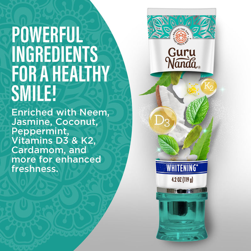 GuruNanda Hydroxyapatite Toothpaste for Whitening with Neem & Xylitol, SLS & Fluoride Free (4 Pack) - Freshens Breath, Fights Plaque - with 2 Toothbrushes, 2 Tongue Scrapers & 2 Tube Squeezers 4.2 Ounce (Pack of 4)
