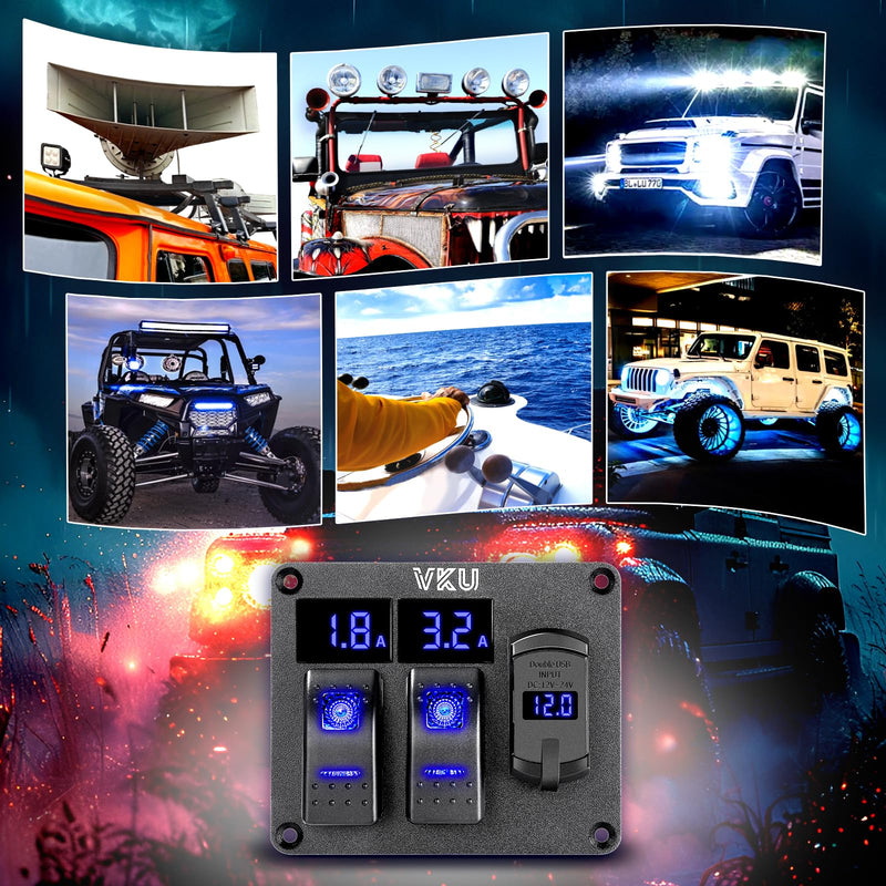 2 Gang Rocker Switch Panel with Ammeter and Voltmeter 4.8A Dual USB Charger Socket 12V 24V DC Aluminum Switches Panel 5Pin ON Off Switch for RV Cars Marine Boats ATVs Trailers 2 Gang with Dual USB Charger