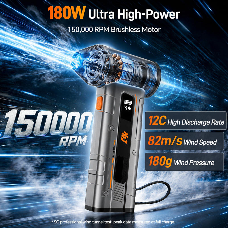 HHJ BC07 Electric Air Duster, 150,000 RPM, 20W PD Fast Charging, 30W Power Output, 4 Speeds & 5 Nozzles, LED＆SOS Light, Compressed Air Duster Alternative for PC, Keyboard, Car, Home & Outdoor