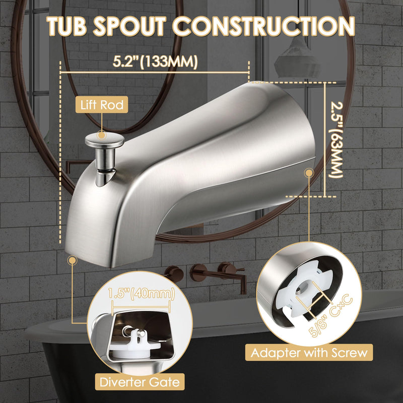 Slip on Tub Spout with Diverter, Compatible with American Standard 8888026.002 Tub Spout, Bathroom Bathtub Faucet, Fits 1/2" Copper Water Tube(5/8" Dia), 5/32" Hex Wrench(Brushed Nickel,2) 2 Brushed Nickel