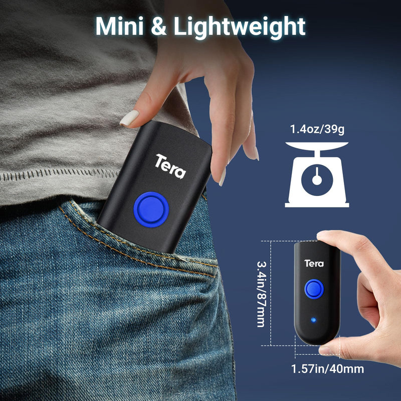 Tera Mini 1D Barcode Scanner: Pocket Waterproof Wireless Laser Scanner 3 in 1 Compatible with Bluetooth USB Wired Portable Bar Code Reader for Supermarket Logistics Work with iOS Windows Android 1100L 1D Laser Blue