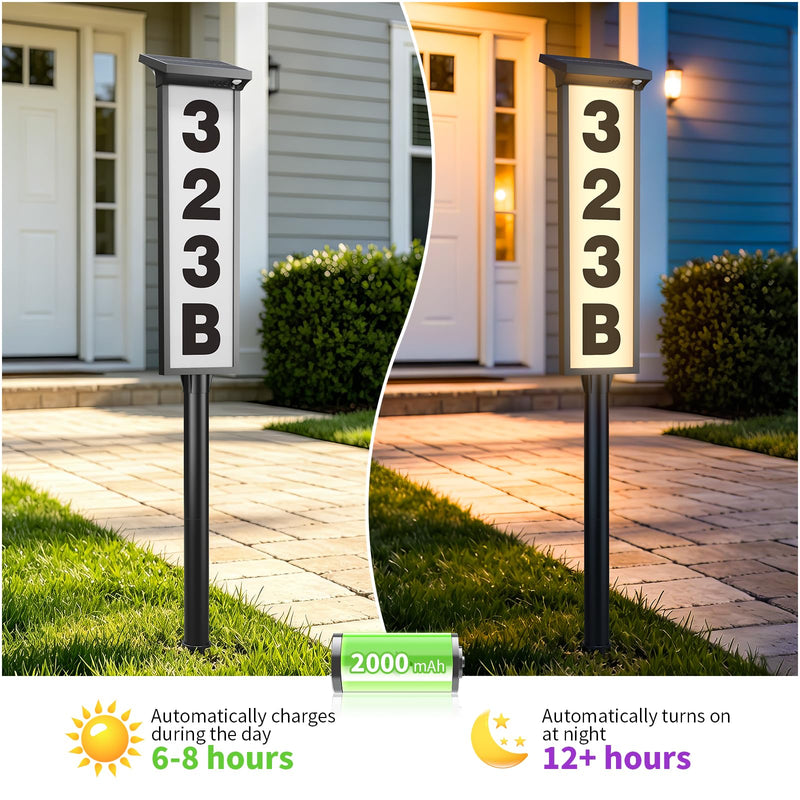 Solar Address Sign, Lighted House Numbers for Outside Waterproof, 3 Colors LED Illuminated Address Plaque with Stakes, Solar Address Numbers for House Yard Garden Street