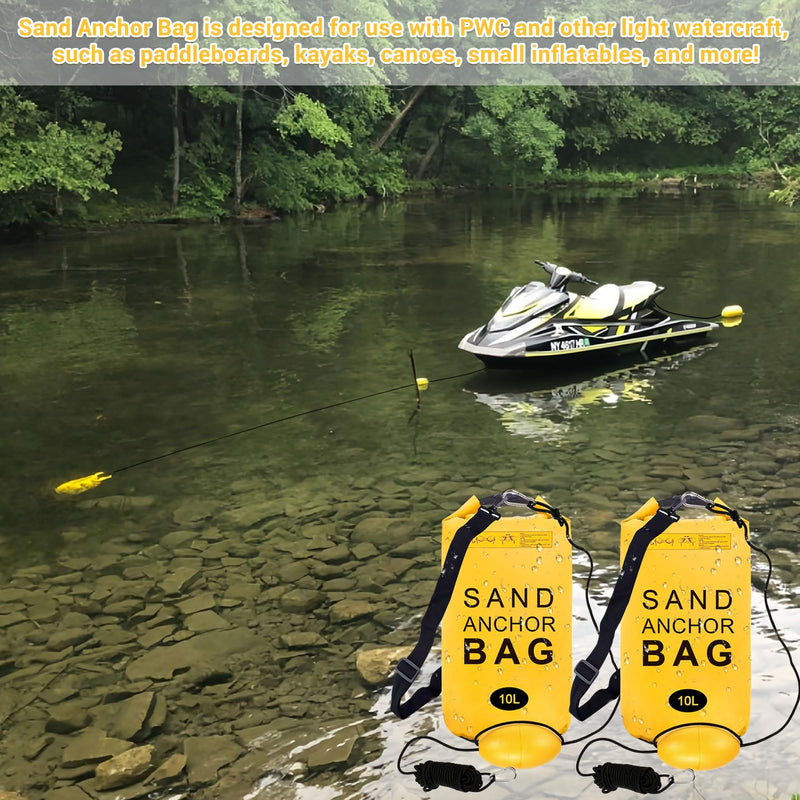 2 Pack Sand Anchor Bag, 10L Waterproof Sand Bag Anchor kit for PWC, Jetski, Kayak, Paddle Board, Small Boats, Beach - Includes 2Pcs Anchor Bag, 2Pcs 30ft Anchor Rope, 2Pcs Adjustable Buoy