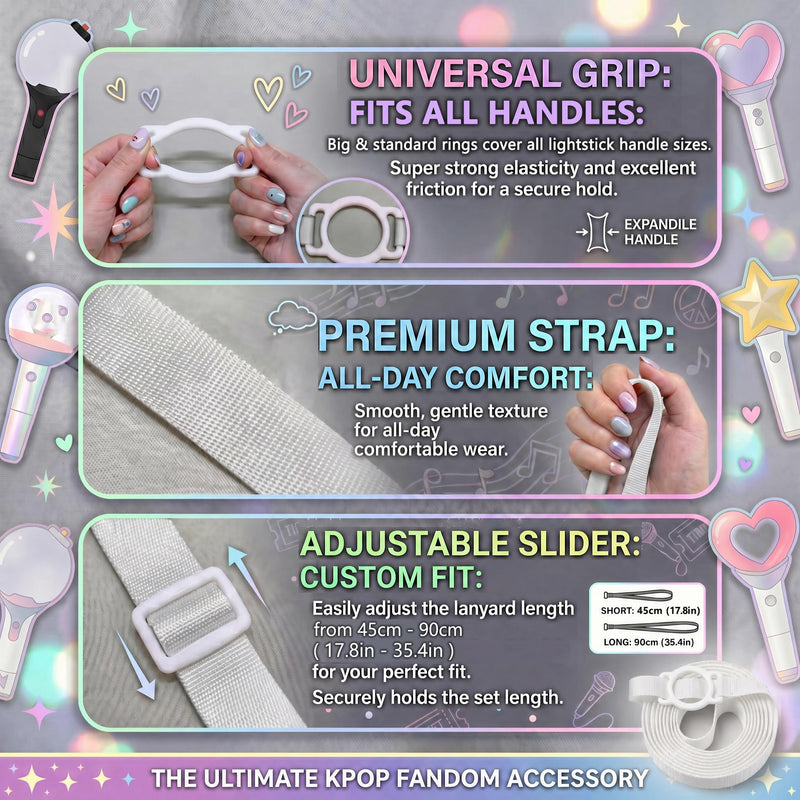 Kpop Lightstick Strap Lanyard - Set of 2 Adjustable K Pop Light Stick Crossbody Carrier Shoulder Strap, K-pop Body Carry Event Strap, Star Accessory Concert Essentials for Display Idol Fans White