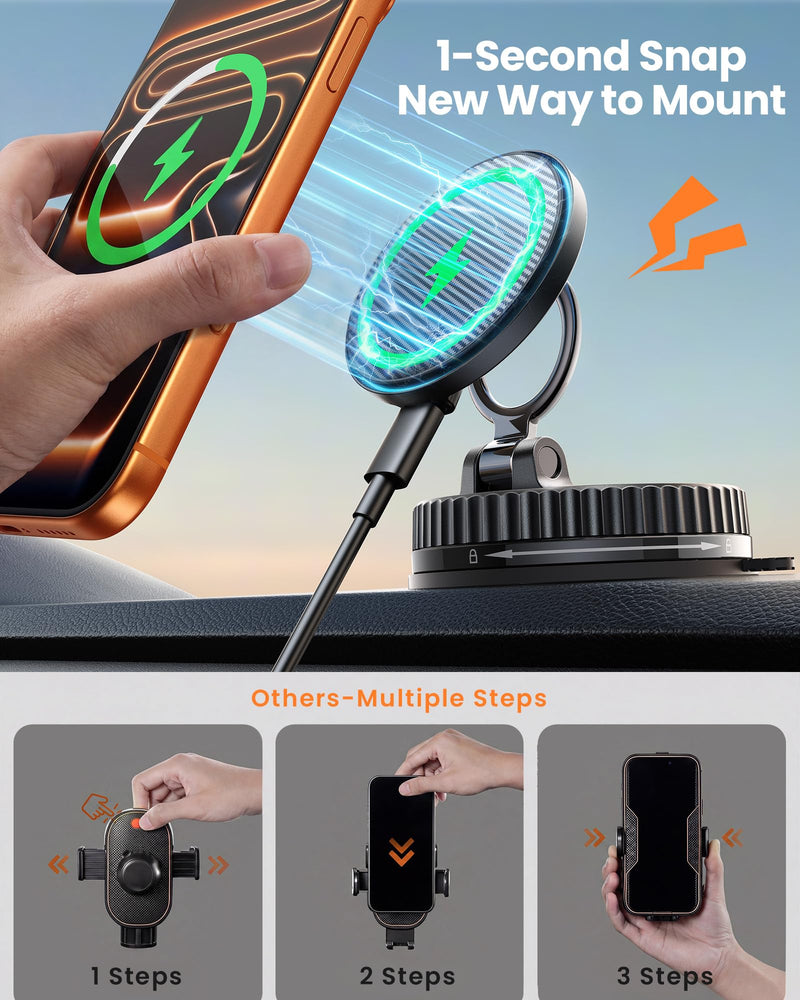 15W MagSafe Car Mount Charger, Vacuum Magnetic Phone Holders for Your Car | [89+LBS Strong Suction, 2800gf Strong Magnetic] Wireless Car Charger, Car Phone Holder for iPhone 17-12, Samsung, Gifts Carbon Fiber