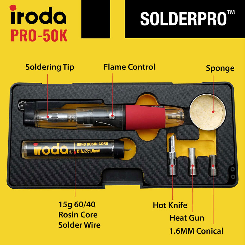 IRODA Wireless Butane Soldering Iron Kit | 4-in-1 Cordless 30-70W Pro Grade | 18s Heat-Up Multi-Function Heat Tool with Case & Tips | Pro-50K