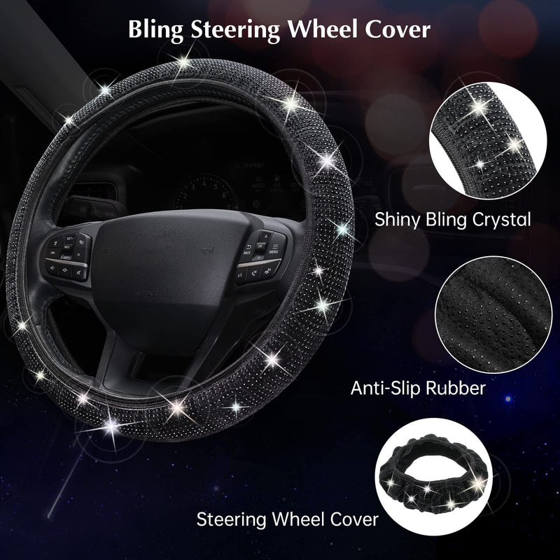 ARTILAURA 11 PCS Bling Car Accessories Set for Women Steering Wheel Covers Butterfly Hanging Seat Belt Cover Air Vent Clips Coasters Cute Glitter Diamond AUTO Accessories Kit (Black) Black