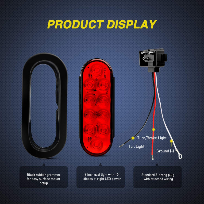 Nilight - TL-01 6" Oval Red LED Tail 2PCS w/Surface Mount Grommets Plugs IP65 Waterproof Stop Brake Turn Trailer Lights for RV Truck Jeep 2Pcs 6" Trailer Tail Lights