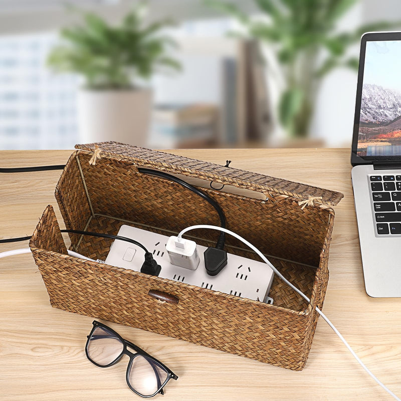 BTSKY Woven Cable Management Box with Lid, Seagrass Cord Organizer with 2 Open Slots for Power Strips & USB Hubs, Under Desk Cord Hider Box for Home Office, Pet Proofing Wire Basket, Large Coffee