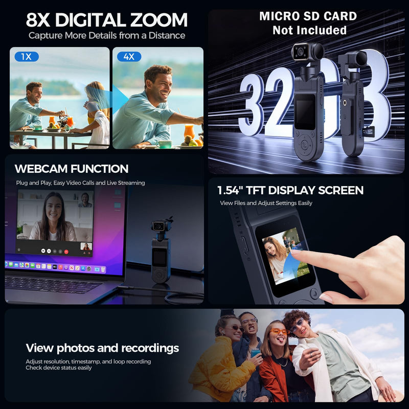 Pocket Vlogging Camera WiFi, 1080P Clip-On Mini Body Cam, Handheld Camera | POV Camera with Rotatable Lens, Night Vision, Fill Light, 1.54'' Screen, Portable Personal Camera for Travel/Sports/Working Black & 0GB