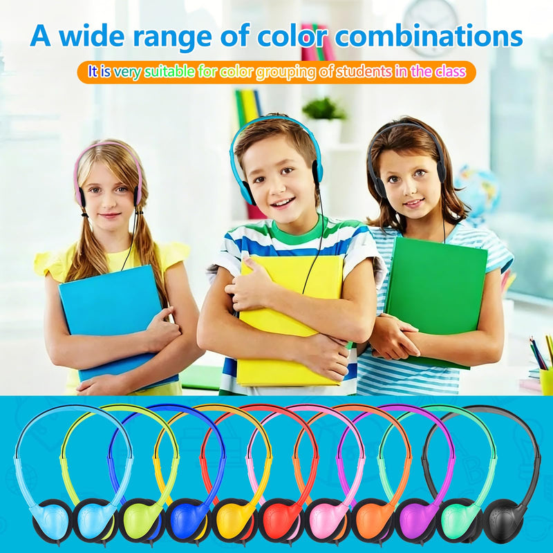 Classroom Headphones Bulk 10 Pack for Kids Students, Wired | On Ear Headphones for School Teens Adults Testing Online Learning, 3.5mm Jack for Laptop Chromebook Mixed Colors