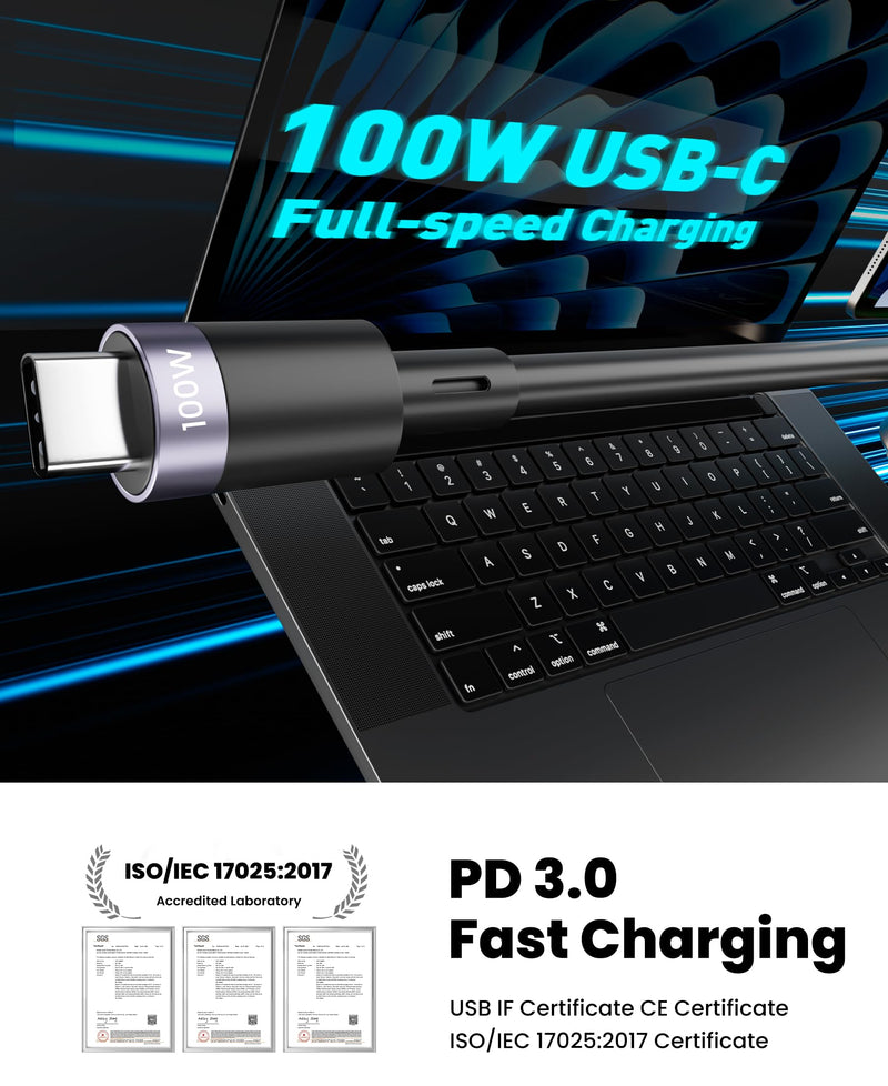 100W Retractable 2X USB-C Charging Cable with Apple Watch Charger - 3-in-1 Dual USB C (100W/10W) and iWatch Fast Charger, Portable Travel Multi Charge Cord for iPhone 15/16/17, iPad, Android, MacBook