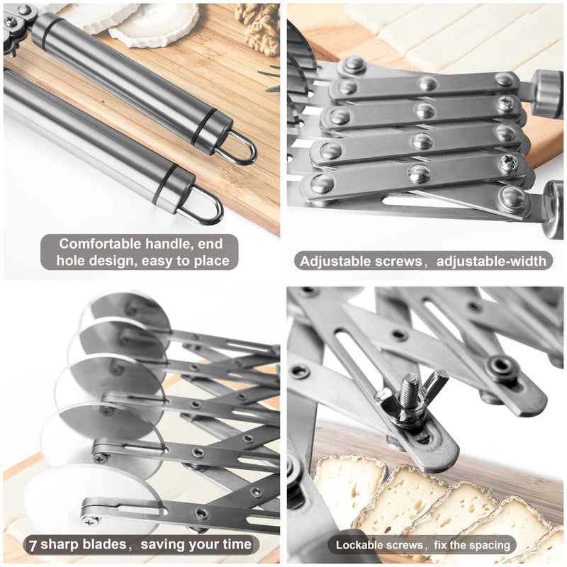 Star Brand Pastry Cutter with Grinder Spaghetti Dough Roller Knife Stainless Steel Pizza Slicer Pasta Wheeling Attice Roller Adjustable Dough Divider with Handle (Stainless Steel, 7 Wheels)