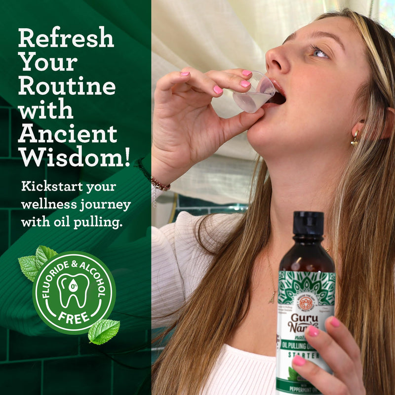 GuruNanda Starter Pulling Oil Mouthwash for Natural Teeth Whitening, Coconut and Peppermint Oil for Fresh Breath & Happy Gums, with Tongue Scraper, Alcohol-Free, 2X8 Oz 8 Fl Oz (Pack of 2)