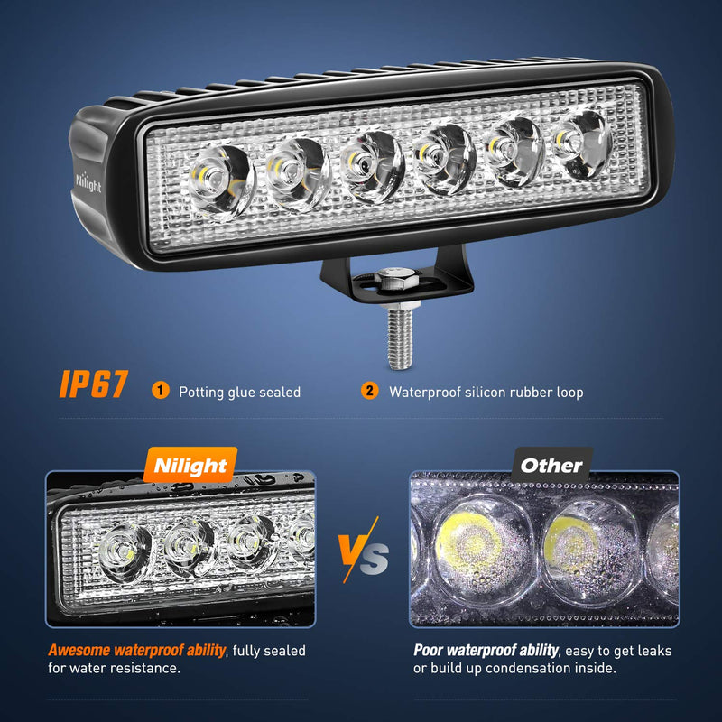Nilight LED Light Bar 2PCS 18W 6Inch Flood LED Pods Offroad Fog Light Waterproof for Boat SUV ATV 4WD Car Truck Golf Cart 12V 24V,2 Years Warranty 2Pcs 18W Lights
