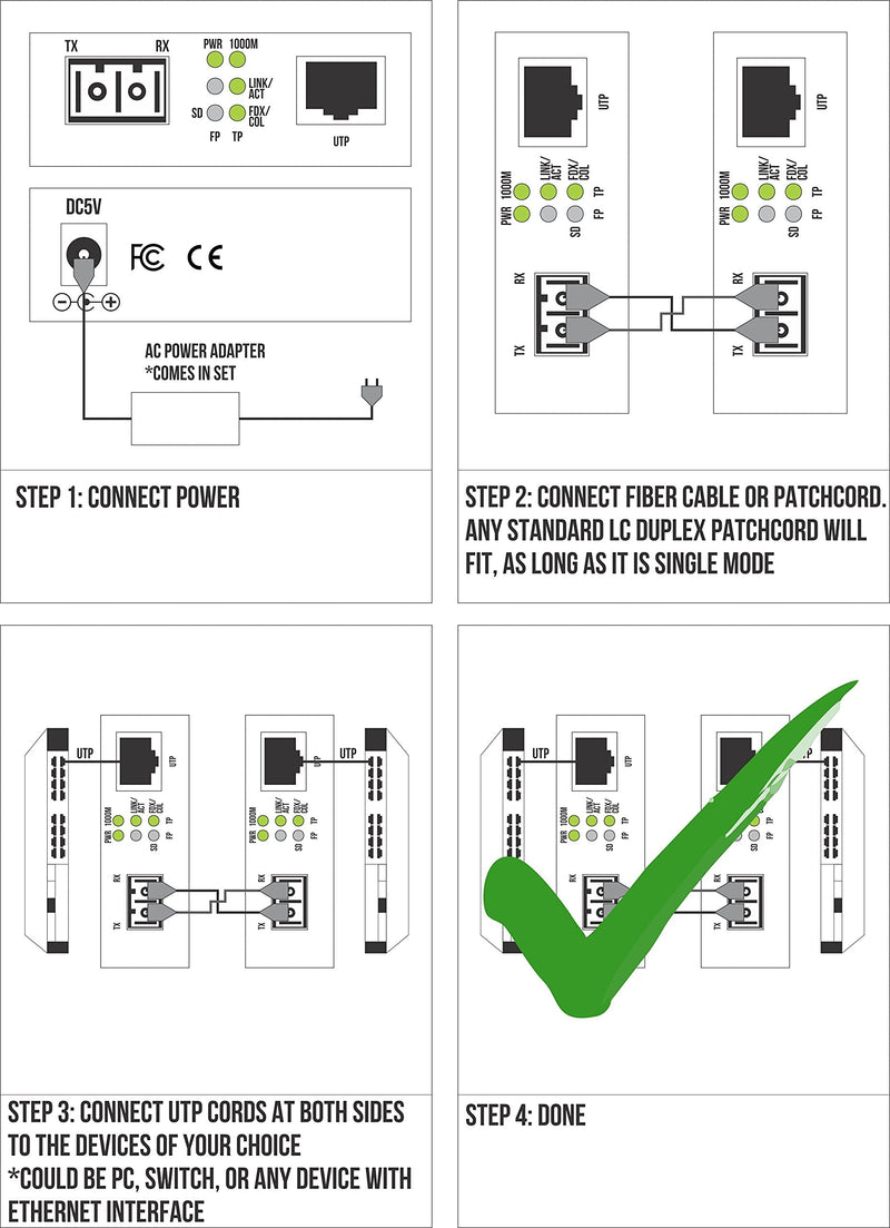 Single Mode LC Gigabit Fiber Media Converter - Includes LC SFP 20 km (12.42 Miles) LC – to UTP Cat5e Cat6 10/100/1000 RJ-45 – Auto Sensing Gigabit or Fast Ethernet Speed - Jumbo Frame - LLF Support