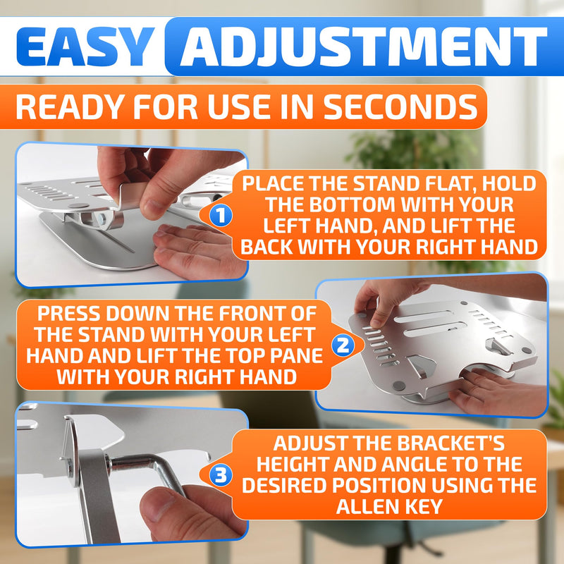 Height & Angle Adjustable Computer Stand for Laptop - Portable Computer Holder for Desk with Ventilation Slots for Enhanced Airflow - Adjustable Laptop Stands for Desk with Non-Skid Silicone Pads
