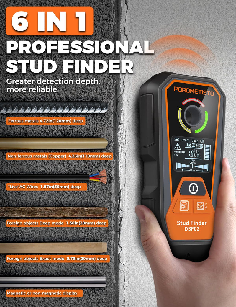 Rechargeable 6 in 1 Stud Finder Wall Scanner POROMETISTO, Positioning Hole for Pipe Wood Studs, Live Wire Detector for Electricians, Ferrous Metals Non-Ferrous Metals, Alarm Wall Detector