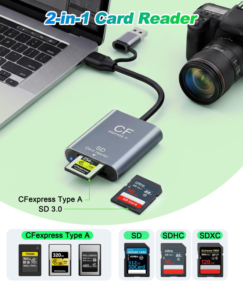 SD and CFexpress Type A Card Reader - 900MB/s Read & 800MB/s Write, USB-C 3.2 Gen 2 10Gbps High-Speed Card Reader, Aluminum Alloy & Dual USB-A & USB-C Ports for iPhone, Android, iPad, Laptop & PC