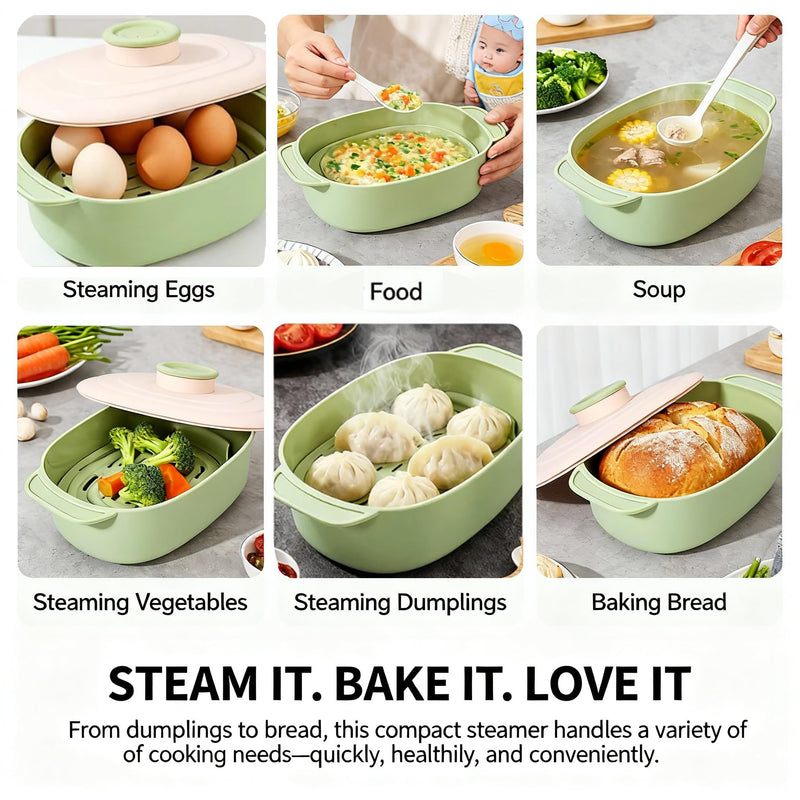 44oz Silicone Steamer Bowl with Handle & Lid, 9.8x5.7x4in | Microwave-Safe, BPA-Free with Removable Rack, Rotating Steam Vent, Freezer & Dishwasher Safe, Ideal for Vegetables & Fish