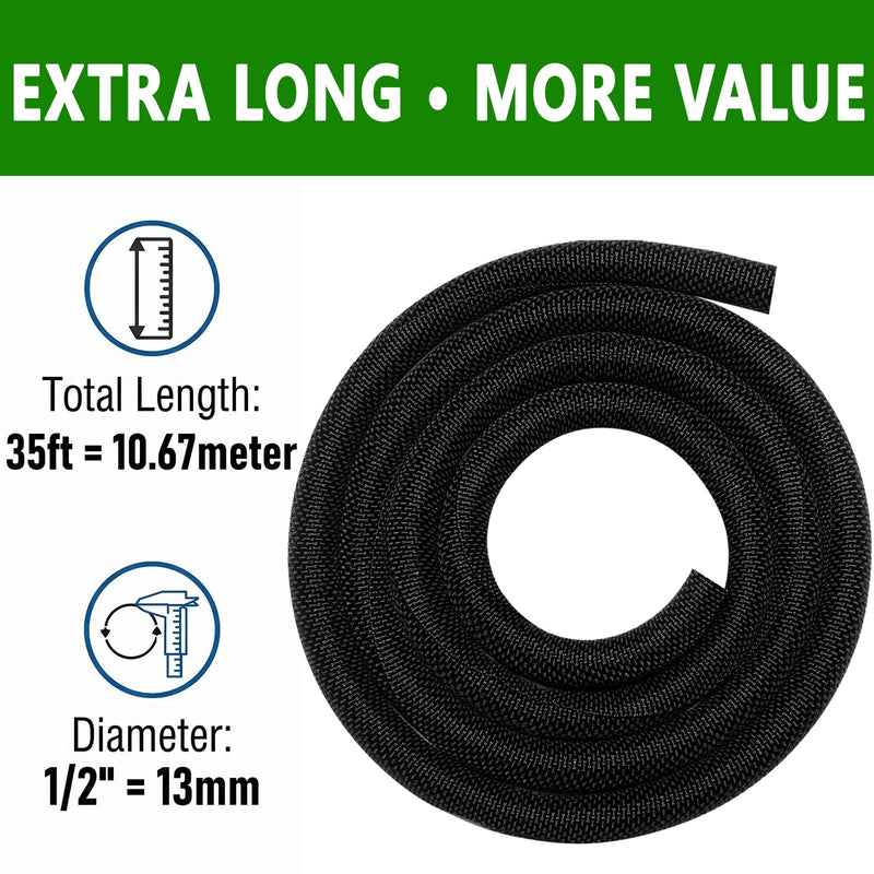 Heat Resistant Wire Loom Automotive Cable Management Sleeves 35ft-1/2inch Split Wiring Loom Harness Wire Organizer, High-Temperature Heavy Duty Auto Wrap Cord Protectors from Pets No Chew, Black 1/2"-35Feet