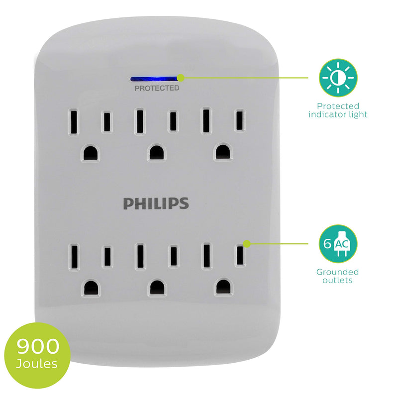 Philips Philips 6-Outlet Extender Surge Protector, 900 Joules, 3-Prong, Space Saving Design, Protection Indicator LED Light, 2 Pack, Grey, SPP3466GR/37