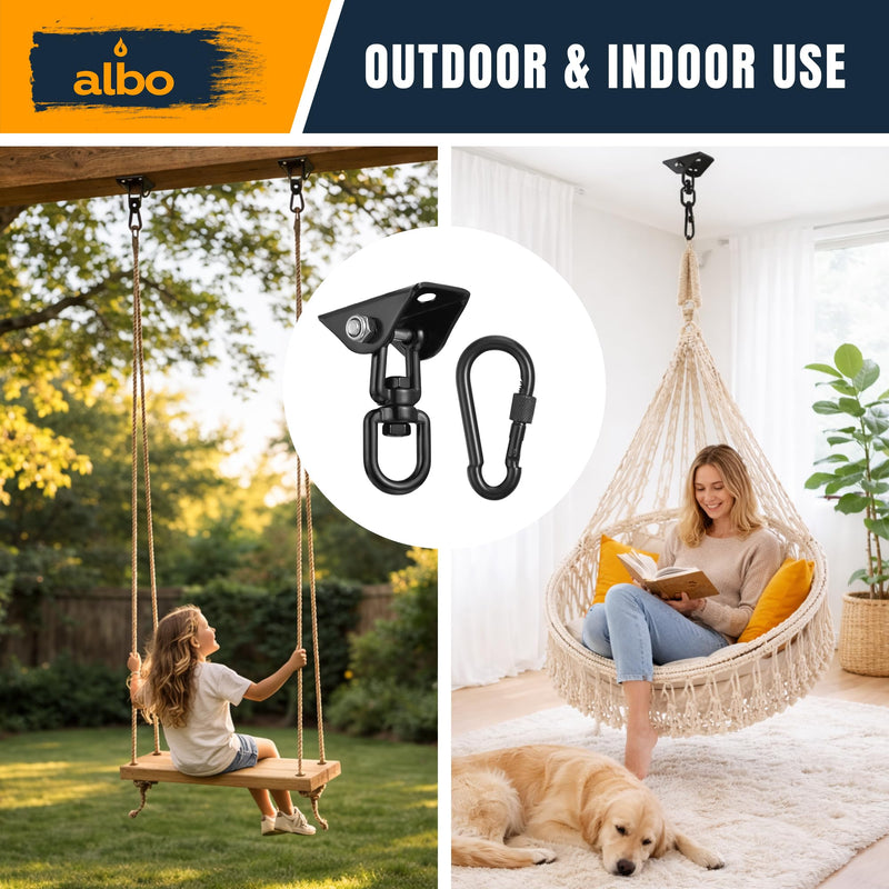 Albo Heavy Duty Swing Hangers 2 Pack, 2650 LBS, 360° Swivel Ceiling Mount Bracket with Carabiners – Hammock Chair, Porch Swing, TRX, Punching Bag, Hardware for Wood & Concrete Black 2 PCS
