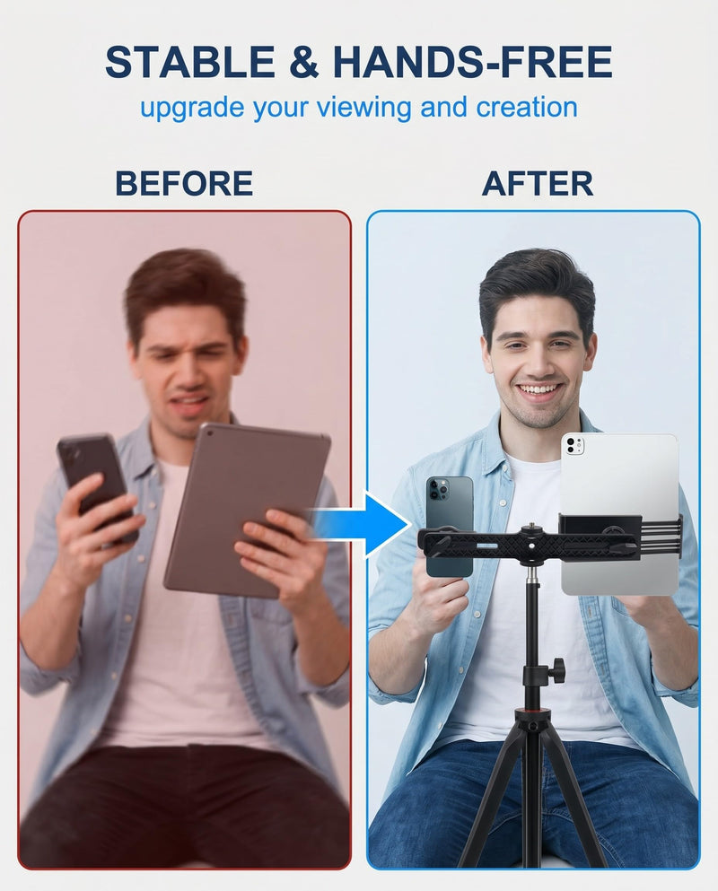 Dual Phone and Tablet Mount Adapter, 1 Set (H101 Bracket + B2 + F1 Clips), 360° Rotating Tripod Holder, Cold Shoe Mount for 1/4" Screws, Delivers Rock-Solid Stability for Hands-Free Vlogs