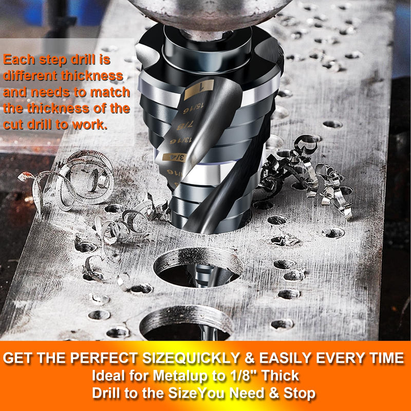 Four Spiral Flute Step Drill Bit for Metal,M35 Cobalt Unibit Step Drill Bit Set 1/8"-7/8" (3 pcs),Wear-Resistant AlTiN Coated,1/4" Hex Shank for Metal, Stainless Steel, Aluminum, Plastic